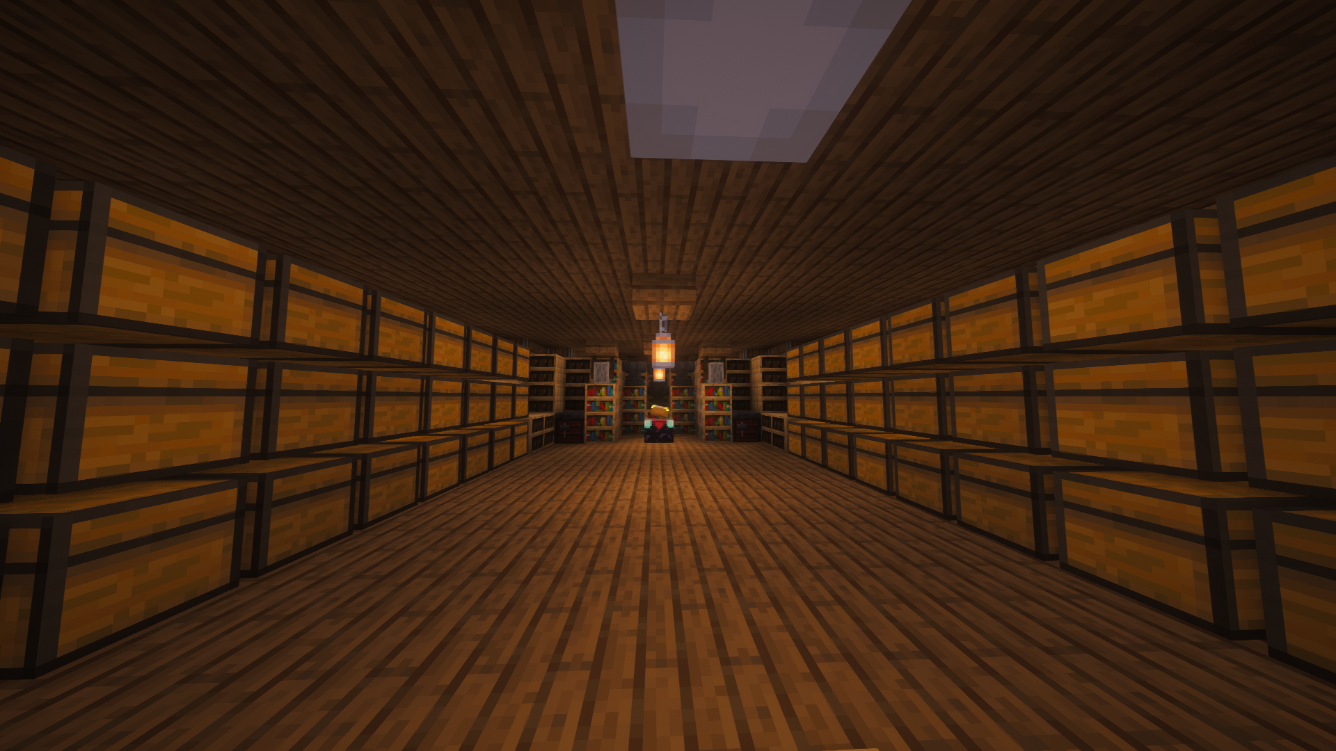 Crimson Twilight the Ultimate Flying Survival Ship Schematic Screenshots 3 A spacious storage room inside a wooden ship filled with many chests