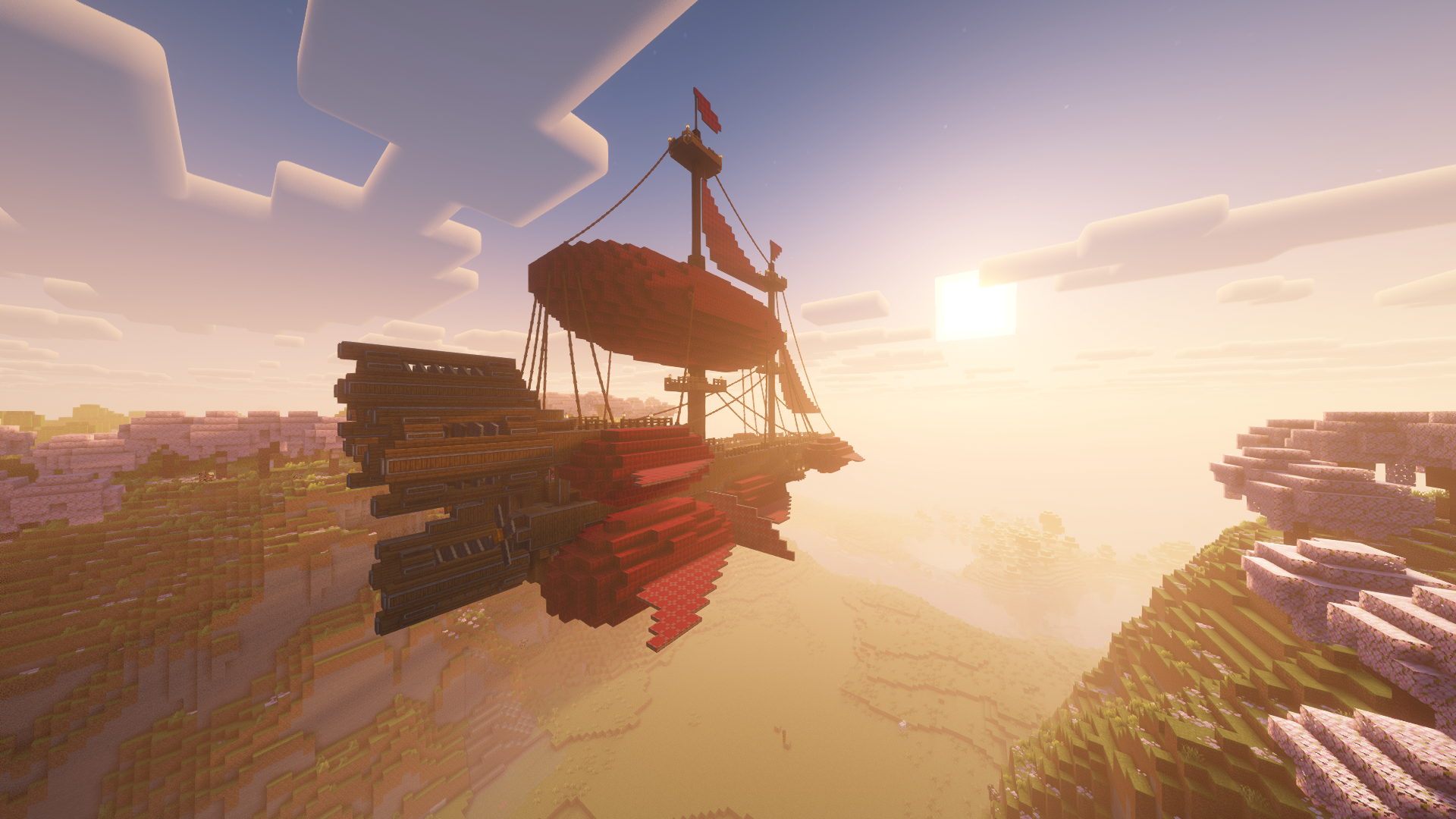 Crimson Twilight the Ultimate Flying Survival Ship Schematic Screenshots 4 The Crimson Twilight airship flying over a scenic landscape during a sunset