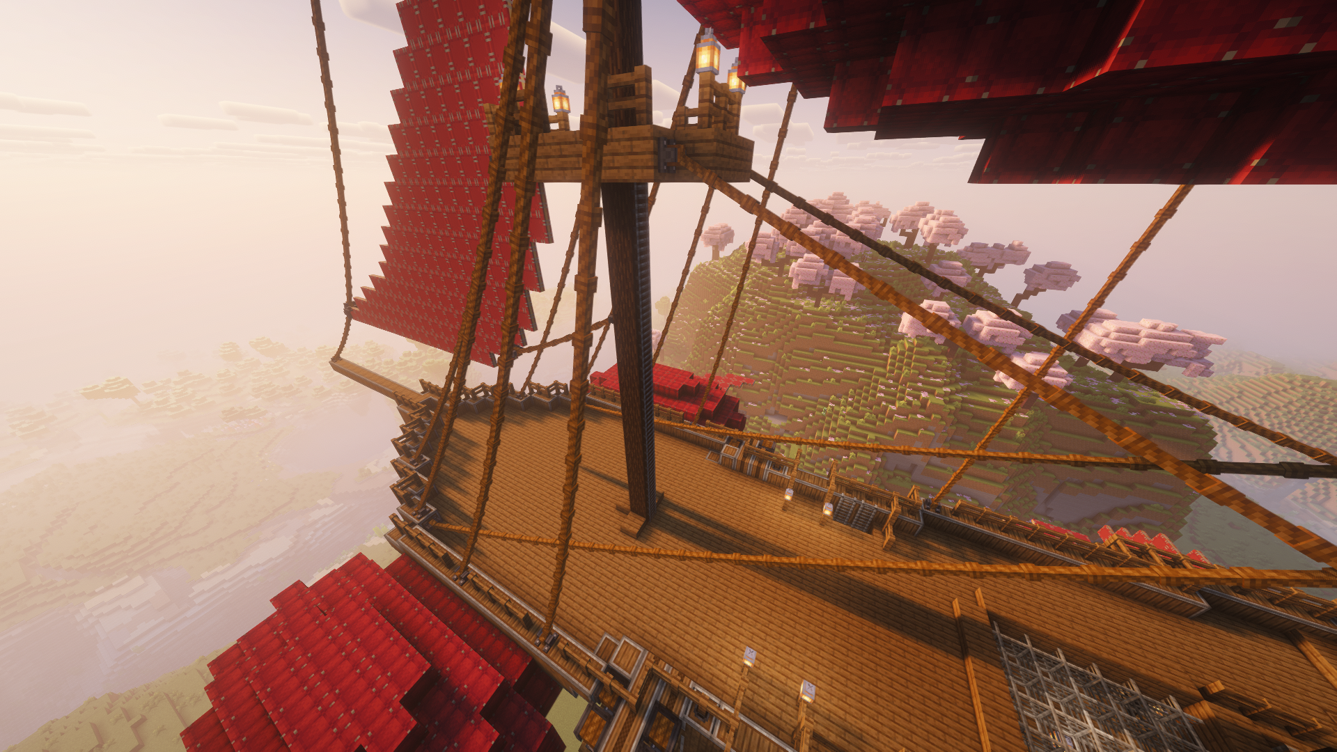 Crimson Twilight the Ultimate Flying Survival Ship Schematic Screenshots 5 A large wooden airship with red sails flying over a cherry blossom forest