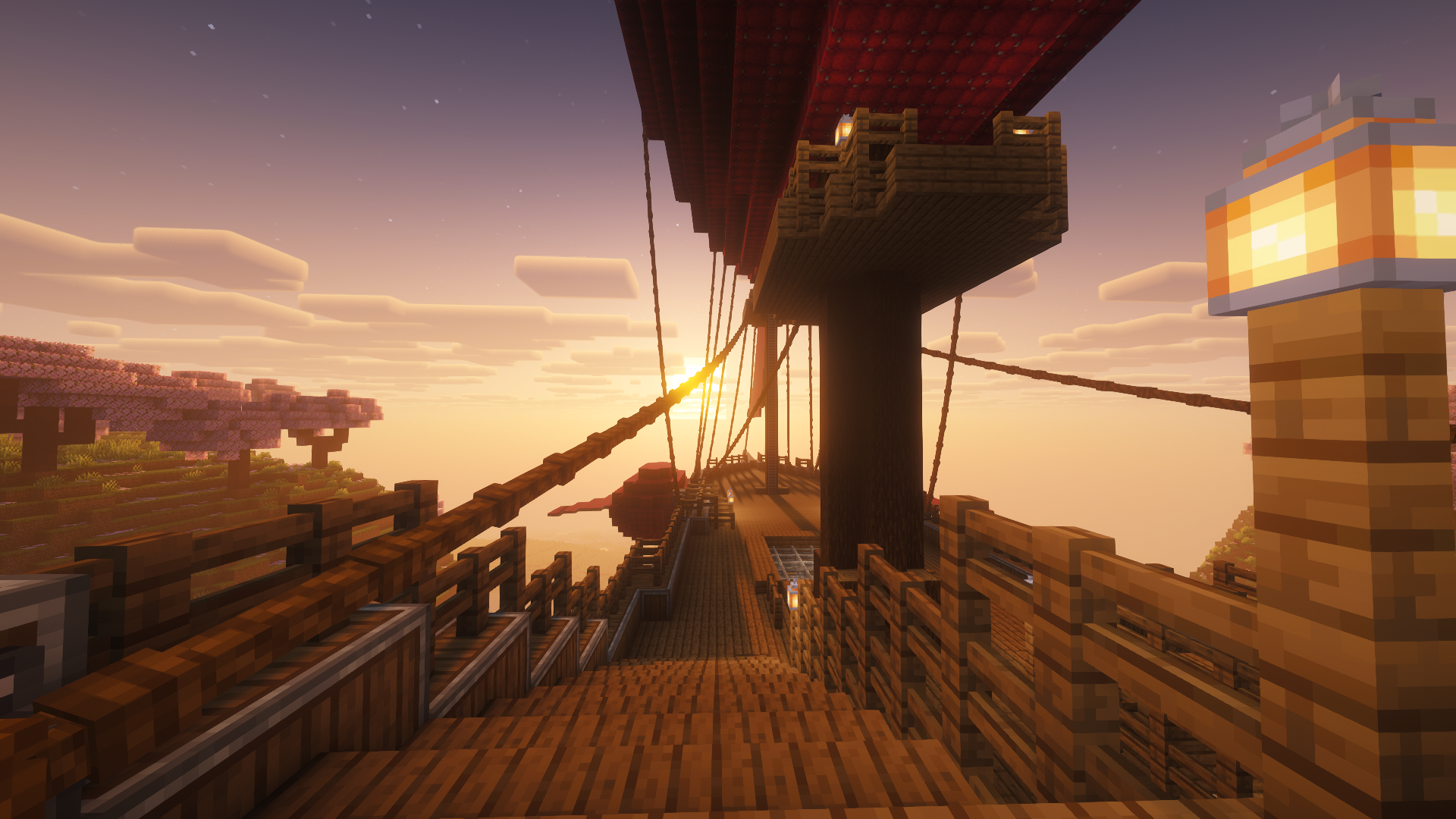 Crimson Twilight the Ultimate Flying Survival Ship Schematic Screenshots 6 Looking down the wooden deck of an airship towards the setting sun