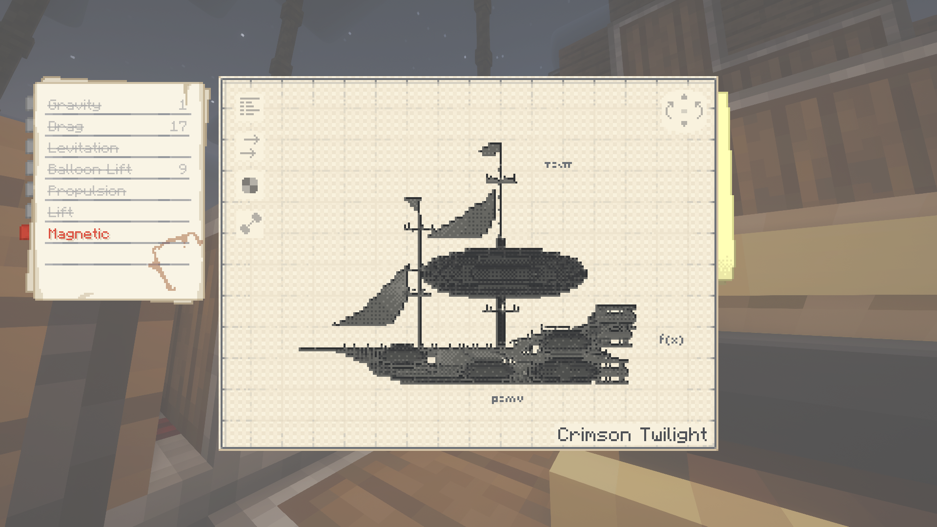 Crimson Twilight the Ultimate Flying Survival Ship Schematic Screenshots 7 A blueprint interface displaying the Crimson Twilight flying ship schematic in Minecraft