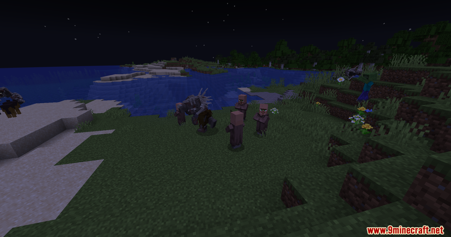 Custom zombie creature attacking a group of villagers near the water