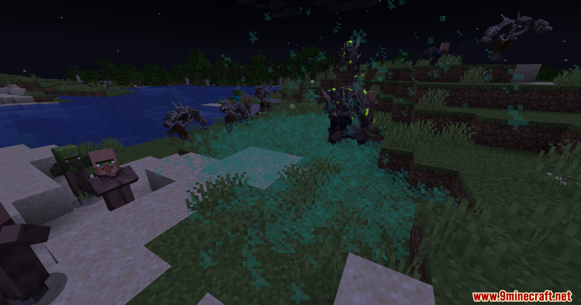 Custom zombie creatures attacking villagers at night with green particles