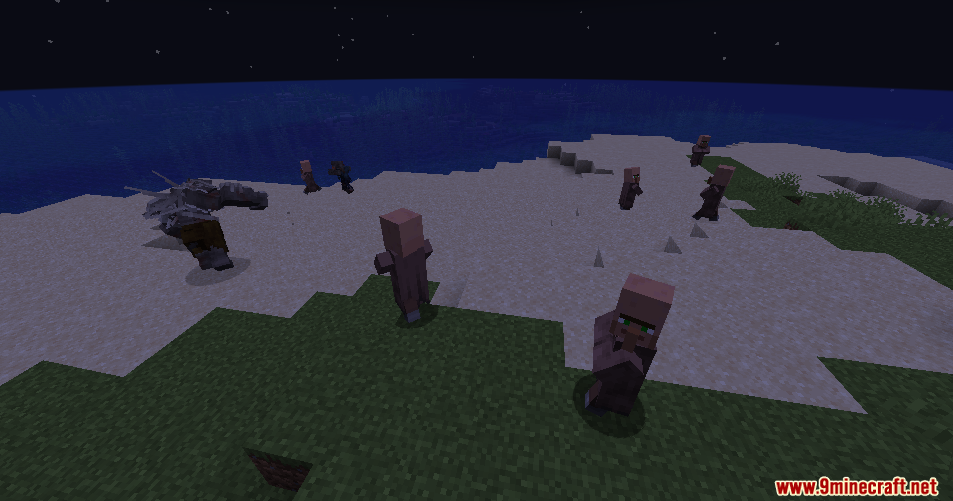 Large feral zombie mob chasing fleeing villagers on a sandy beach