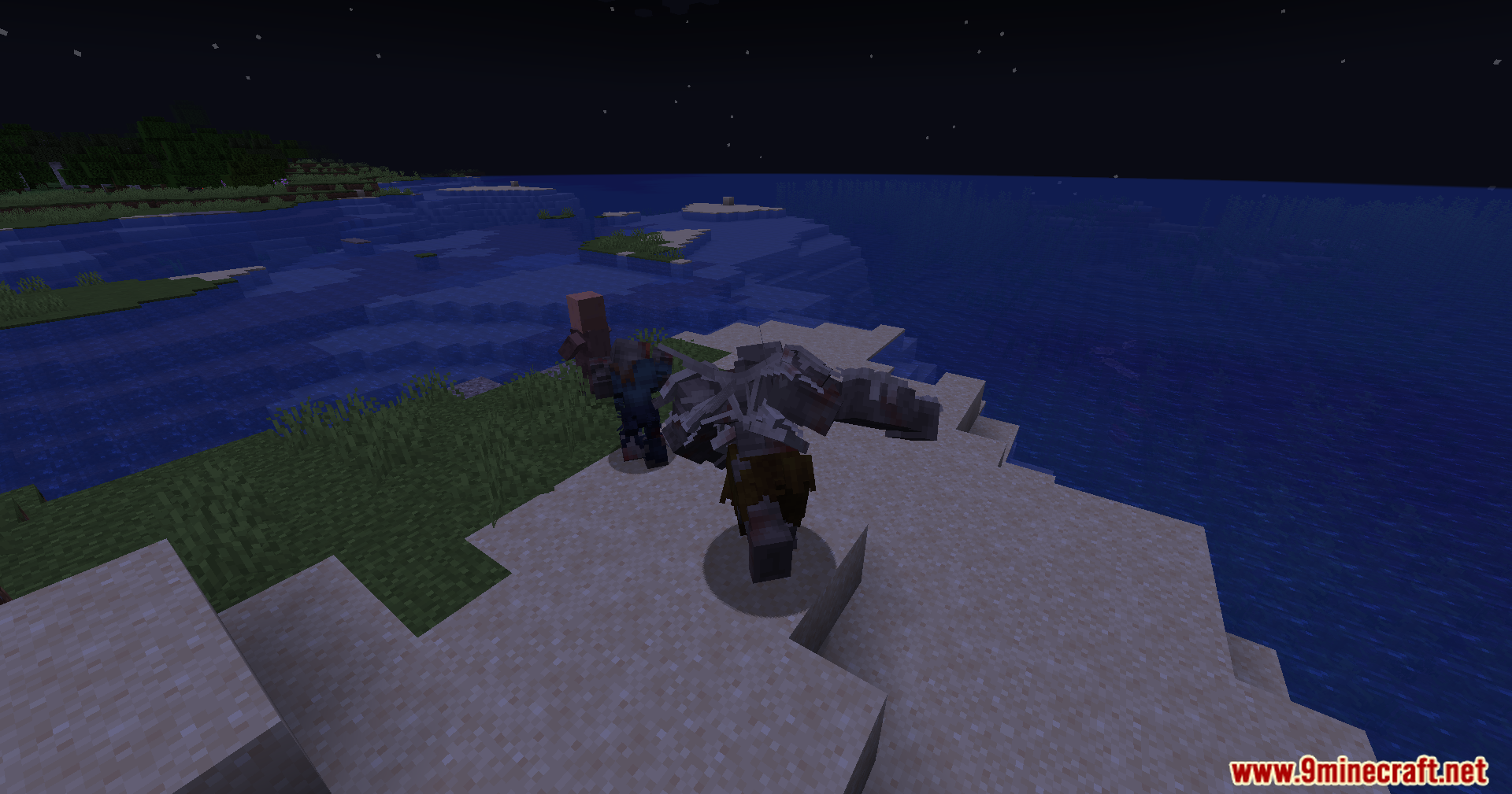 Feral zombie creature attacking a villager on a beach at night