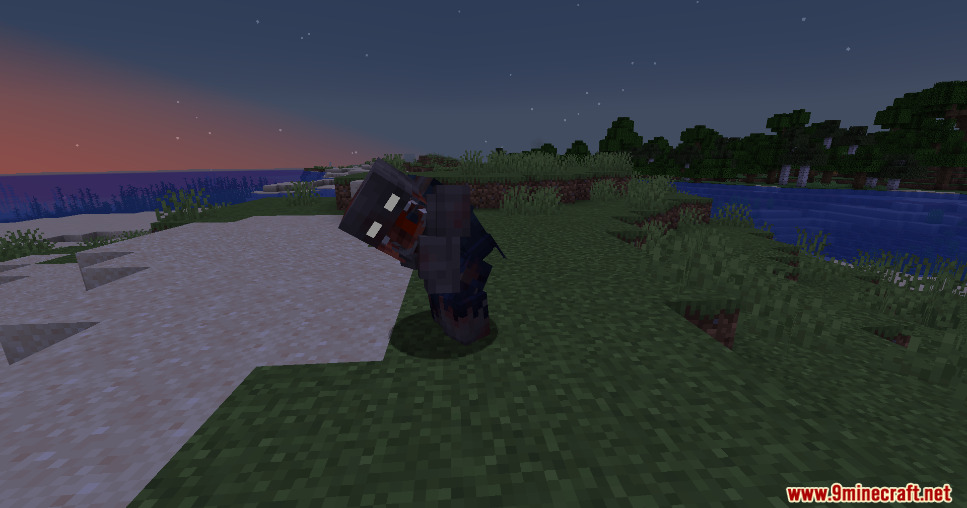 New custom zombie mob standing on grass near a beach