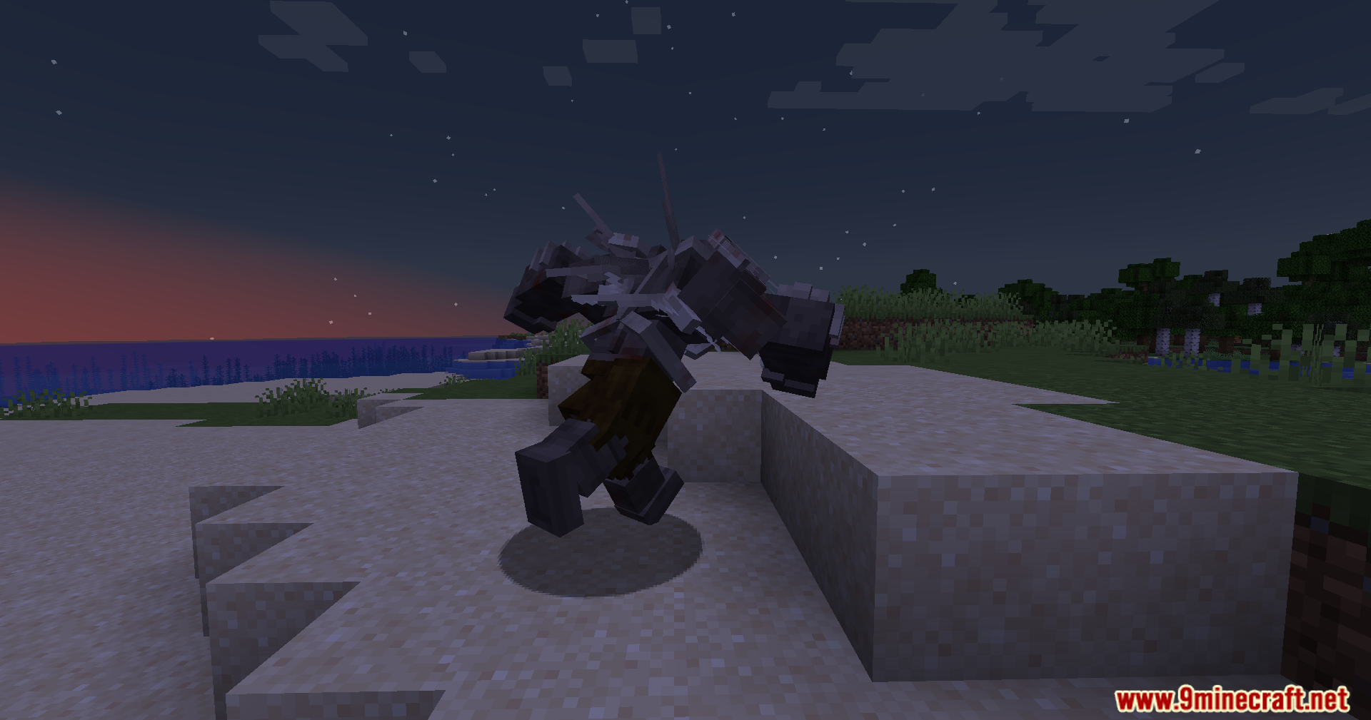 Custom feral zombie creature running on a sandy beach at night
