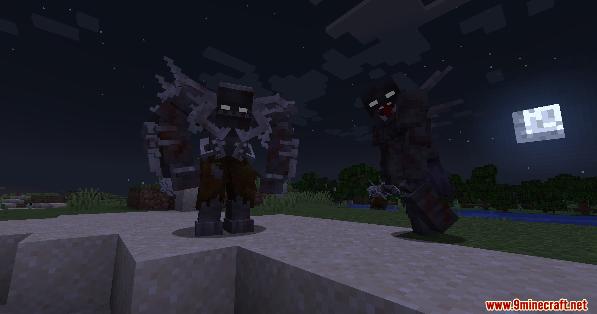 Drone and feral zombie creatures standing on sand at night