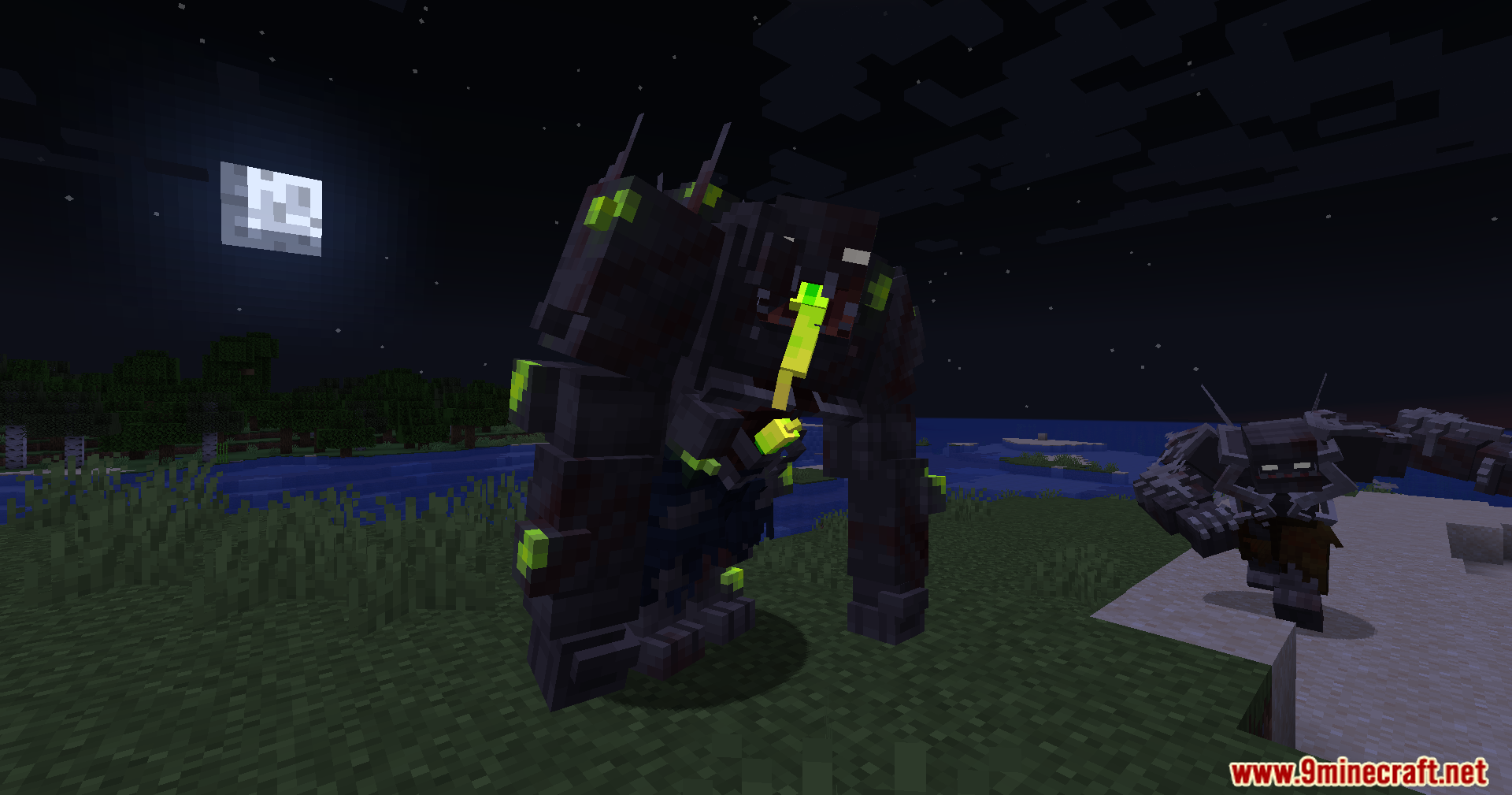 Large dark mutated zombie mob with glowing green spots at night