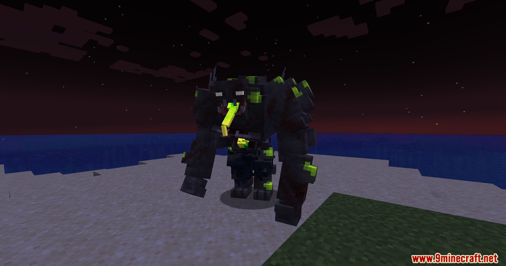 Front view of the massive dark zombie creature with green details