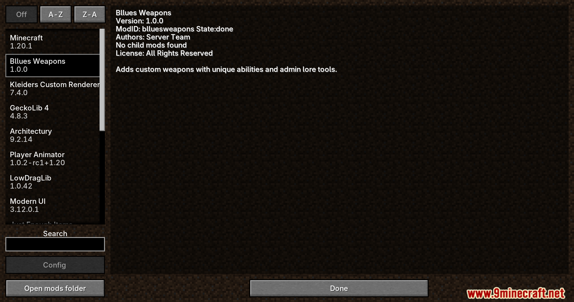 Bllues Weapons mod information in the mods menu