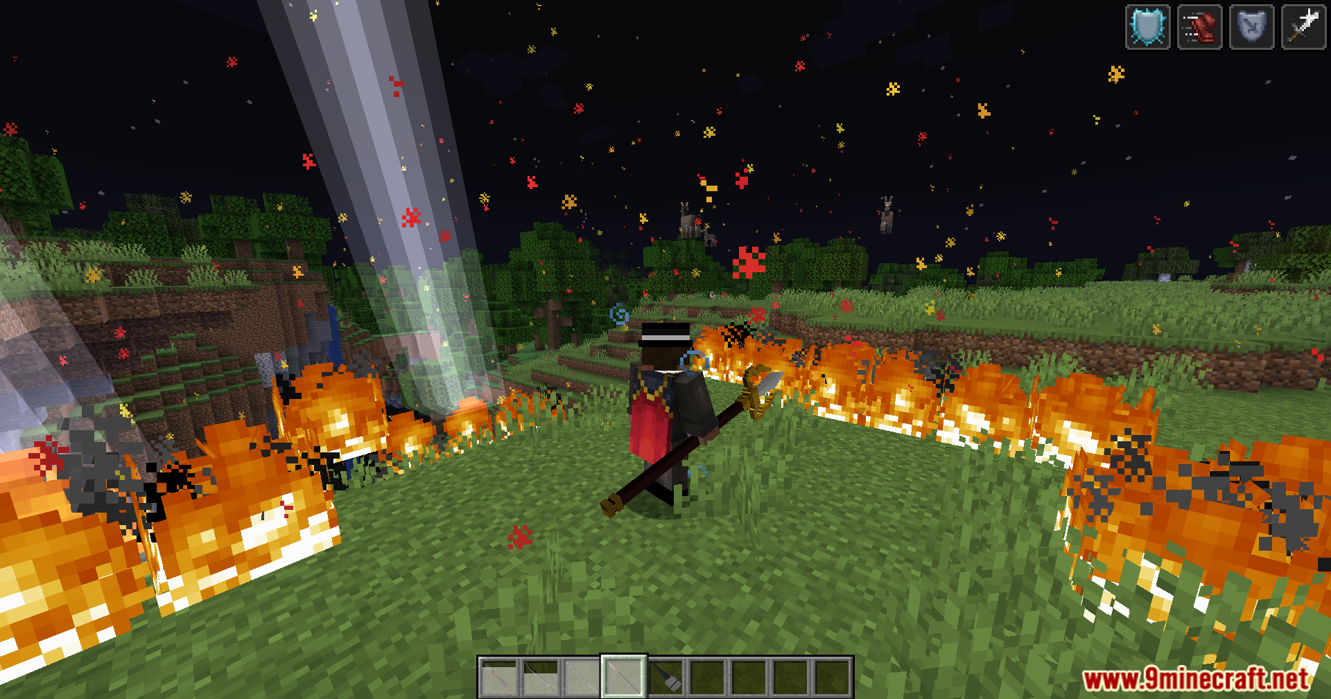 Player casting a powerful spell surrounded by fire and light