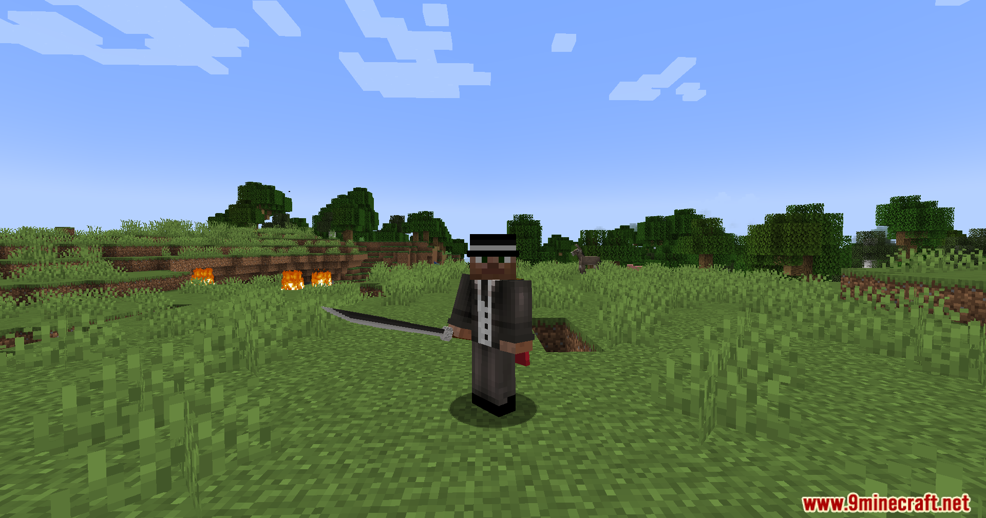 Player character in a suit holding a long curved sword