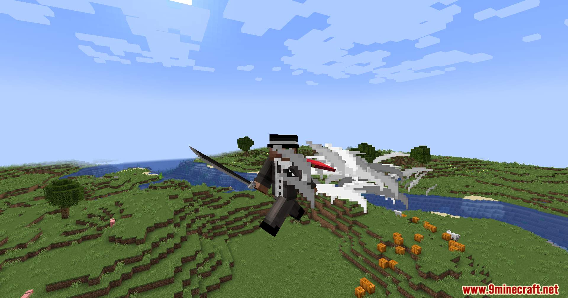 Flying over the landscape with a white dragon entity