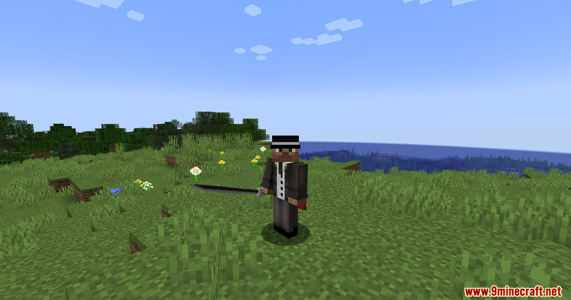 A character in a suit holding a black katana