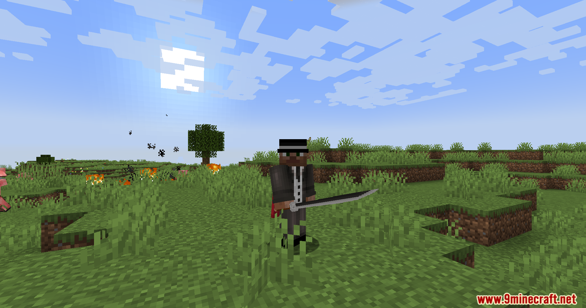 A character holding a large silver sword outdoors