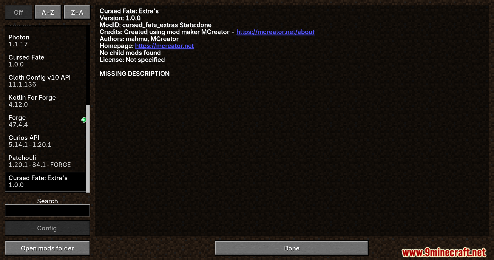 Mod list showing Cursed Fate Extras installed and active