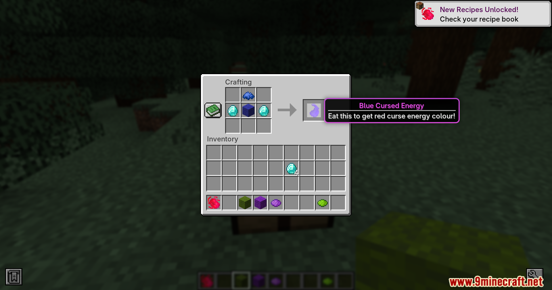 Crafting recipe for Blue Cursed Energy item in Minecraft inventory