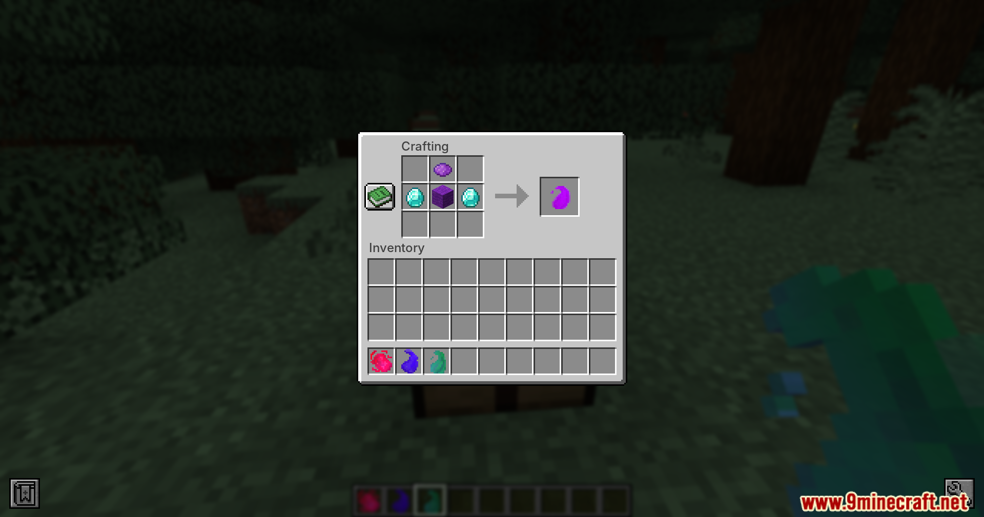 Crafting recipe for a purple energy item using dye and diamonds