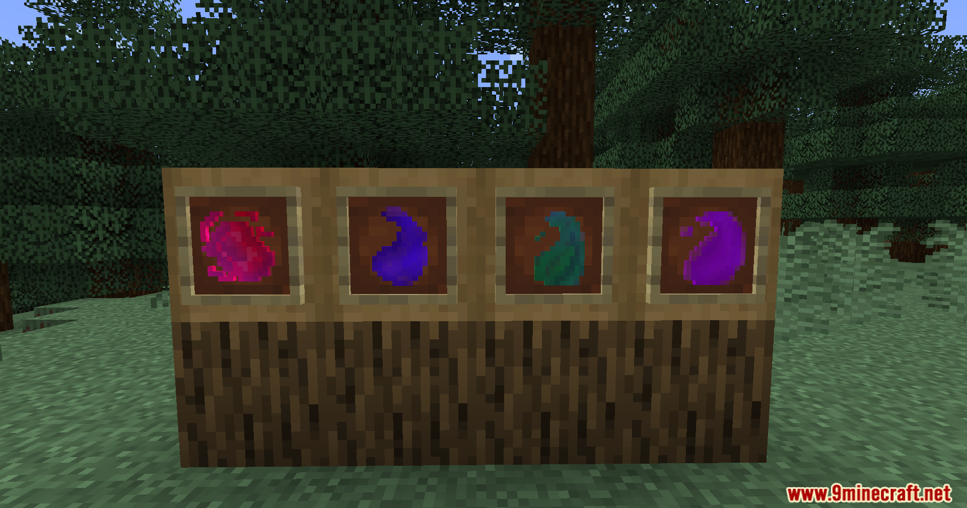Four colored cursed energy items displayed in item frames