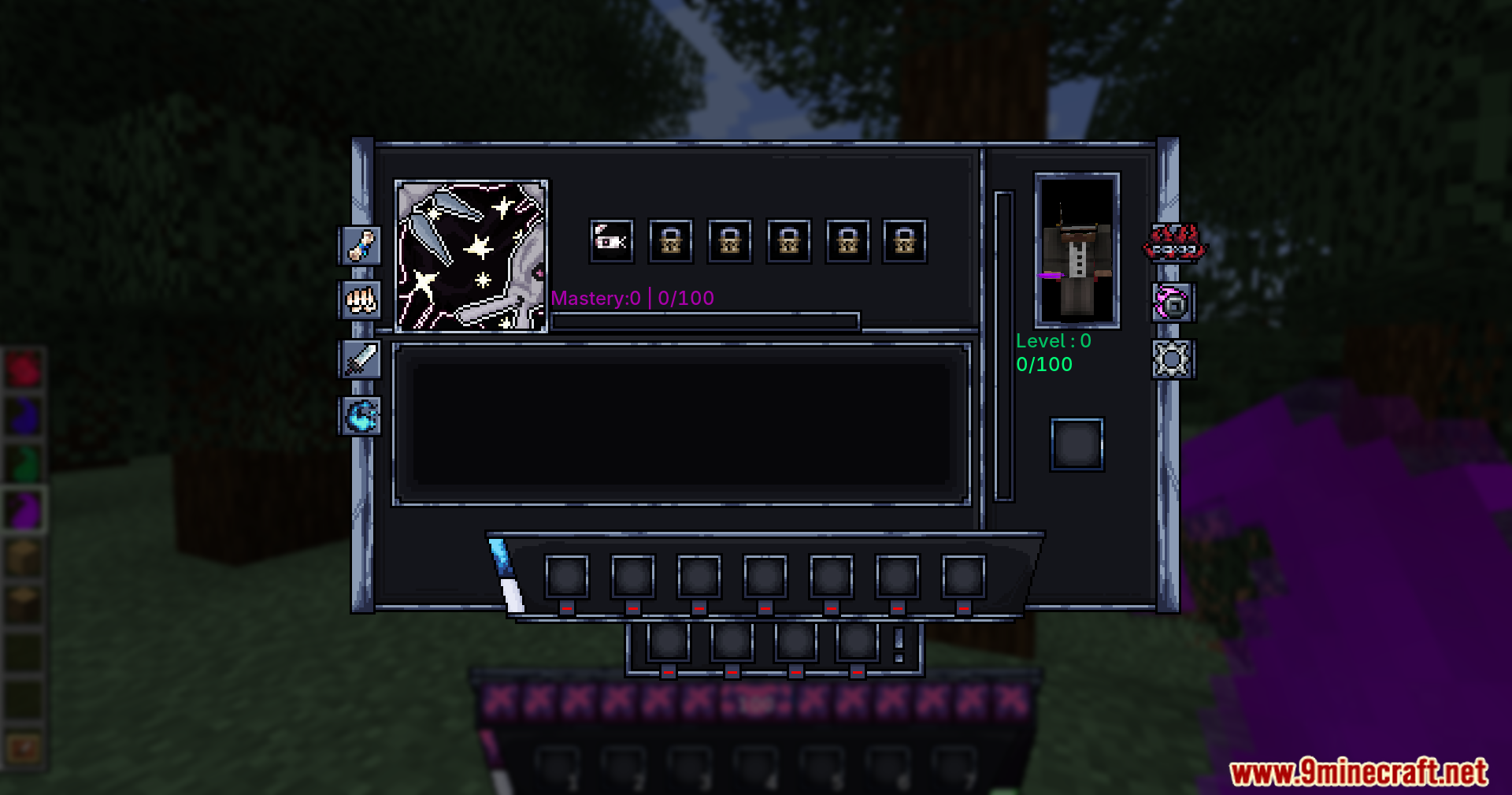 A custom user interface menu with various slots and stats