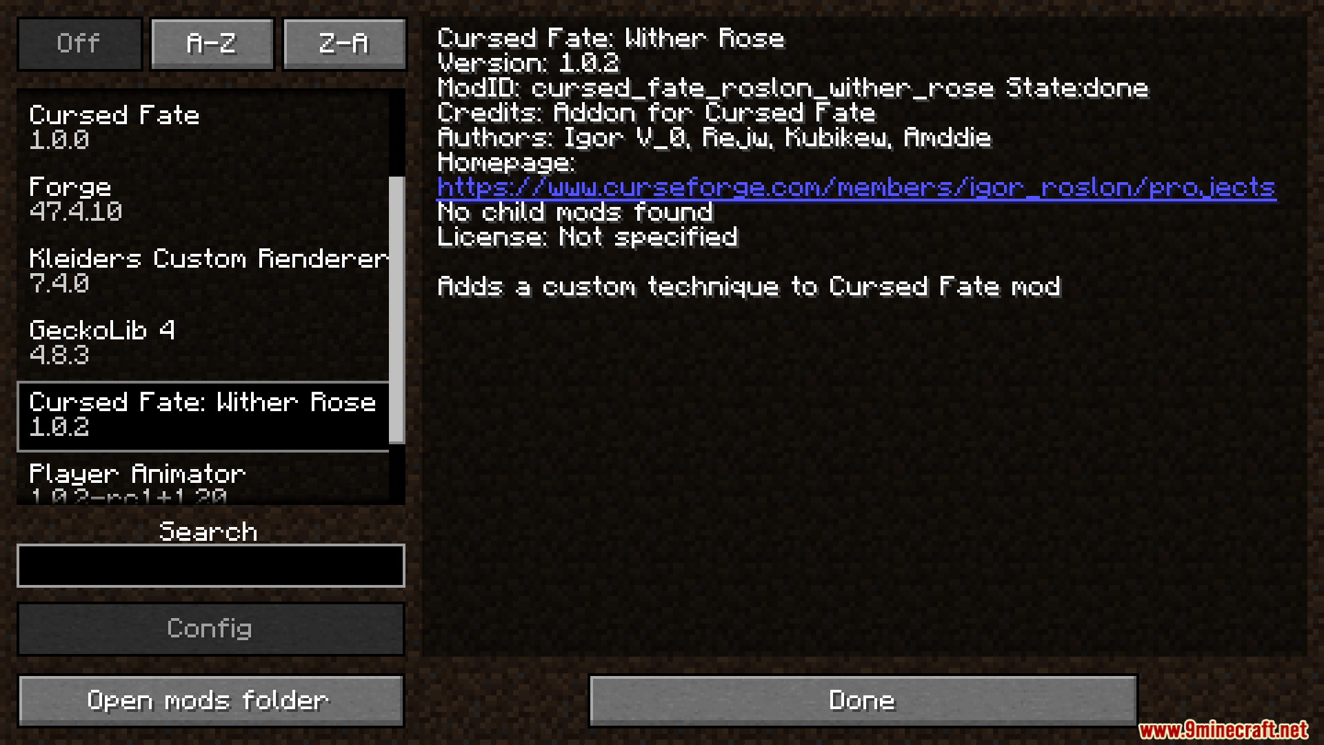 Cursed Fate Wither Rose Mod Screenshot 1 Minecraft mod list menu showing the Cursed Fate Wither Rose addon details