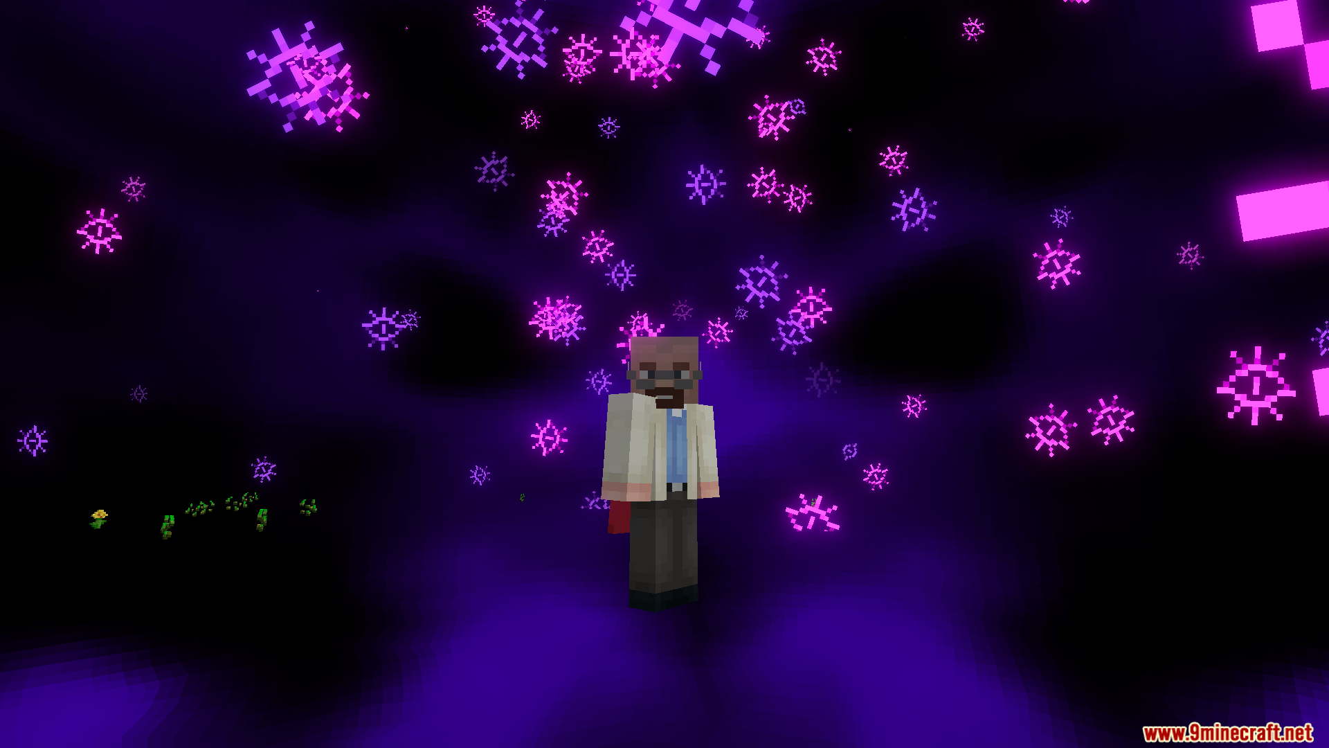 Cursed Fate Wither Rose Mod Screenshot 10 Many glowing purple spectral eyes floating around a player in a dark void