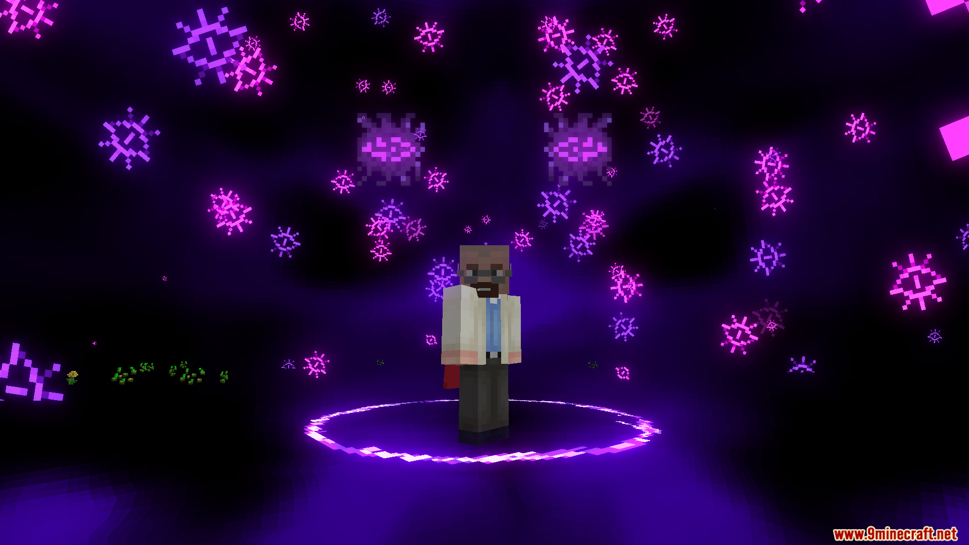 Cursed Fate Wither Rose Mod Screenshot 11 Minecraft player standing in a dark void surrounded by glowing purple symbols