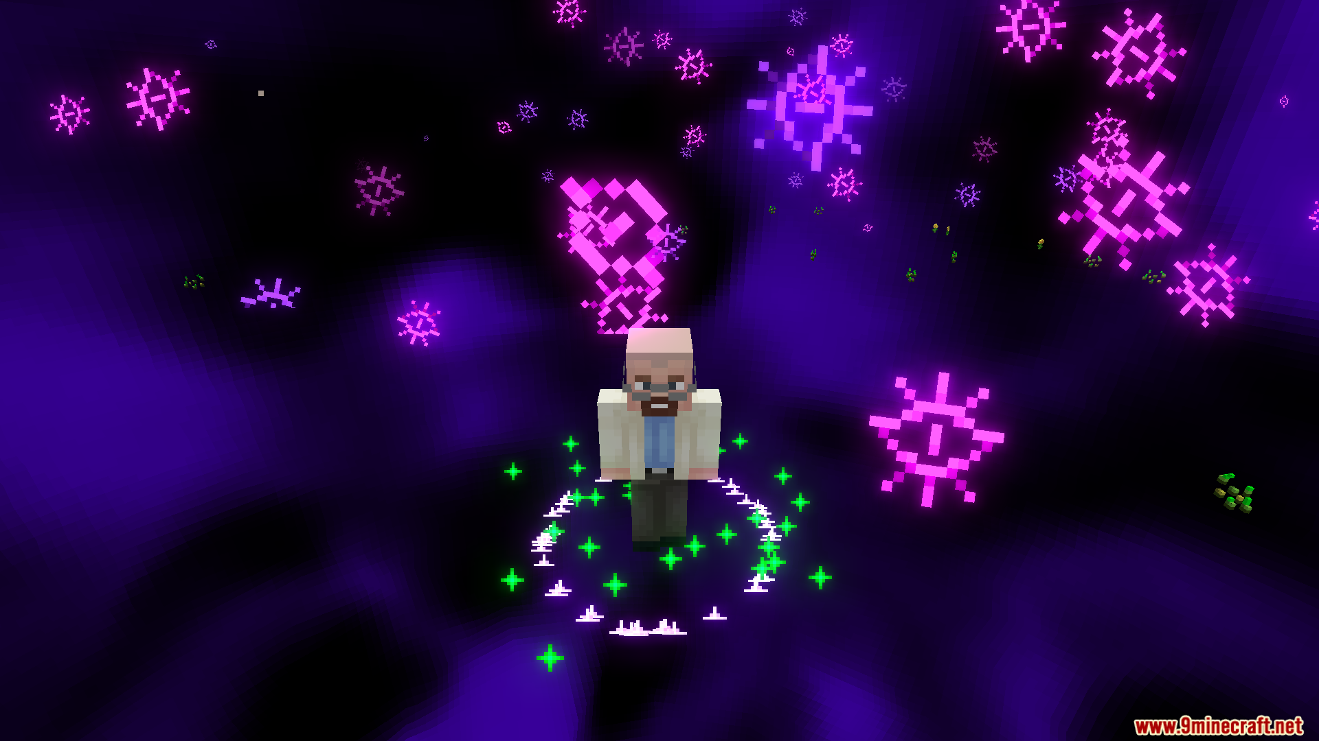 Cursed Fate Wither Rose Mod Screenshot 12 Player activating a green particle effect surrounded by floating purple eye symbols