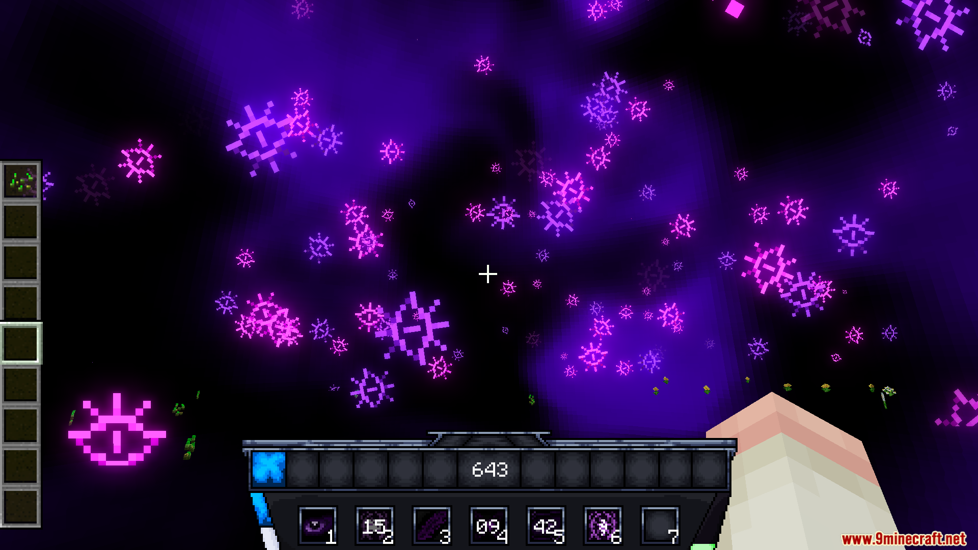 Cursed Fate Wither Rose Mod Screenshot 13 Player surrounded by purple spectral eye particles in a dark void