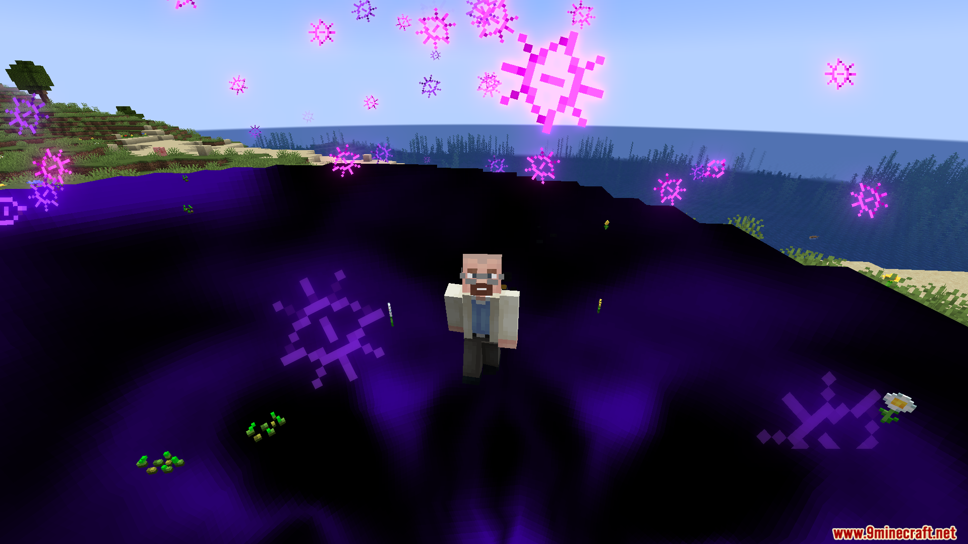 Cursed Fate Wither Rose Mod Screenshot 14 Player standing in a large dark purple domain with floating eye particles