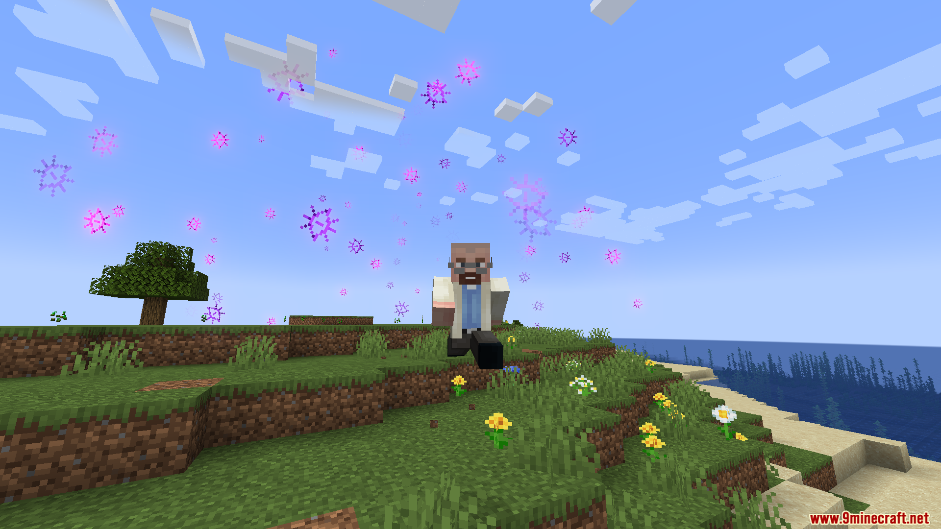 Cursed Fate Wither Rose Mod Screenshot 15 Player character standing on grass surrounded by floating purple magical particle effects