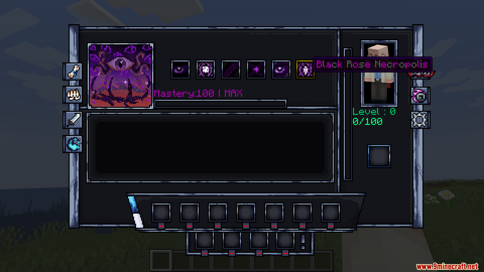 Cursed Fate Wither Rose Mod Screenshot 2 Custom skill menu displaying abilities and mastery level for Black Rose Necropolis