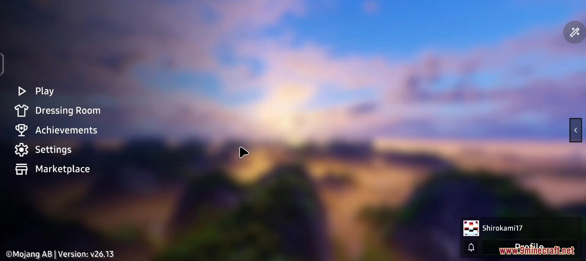 Minecraft Bedrock Edition main menu with a blurred landscape background