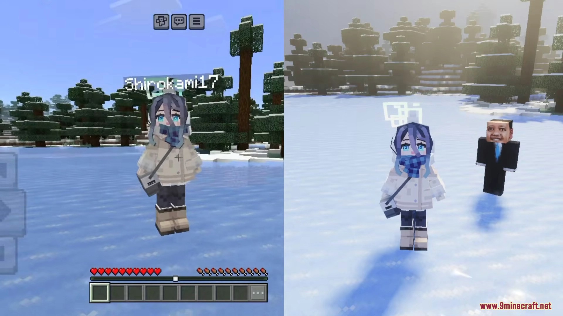 A player with a custom anime skin stands in a snowy forest biome