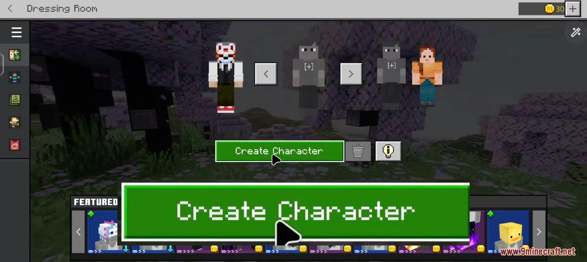 A player clicks the Create Character button in the Minecraft Dressing Room