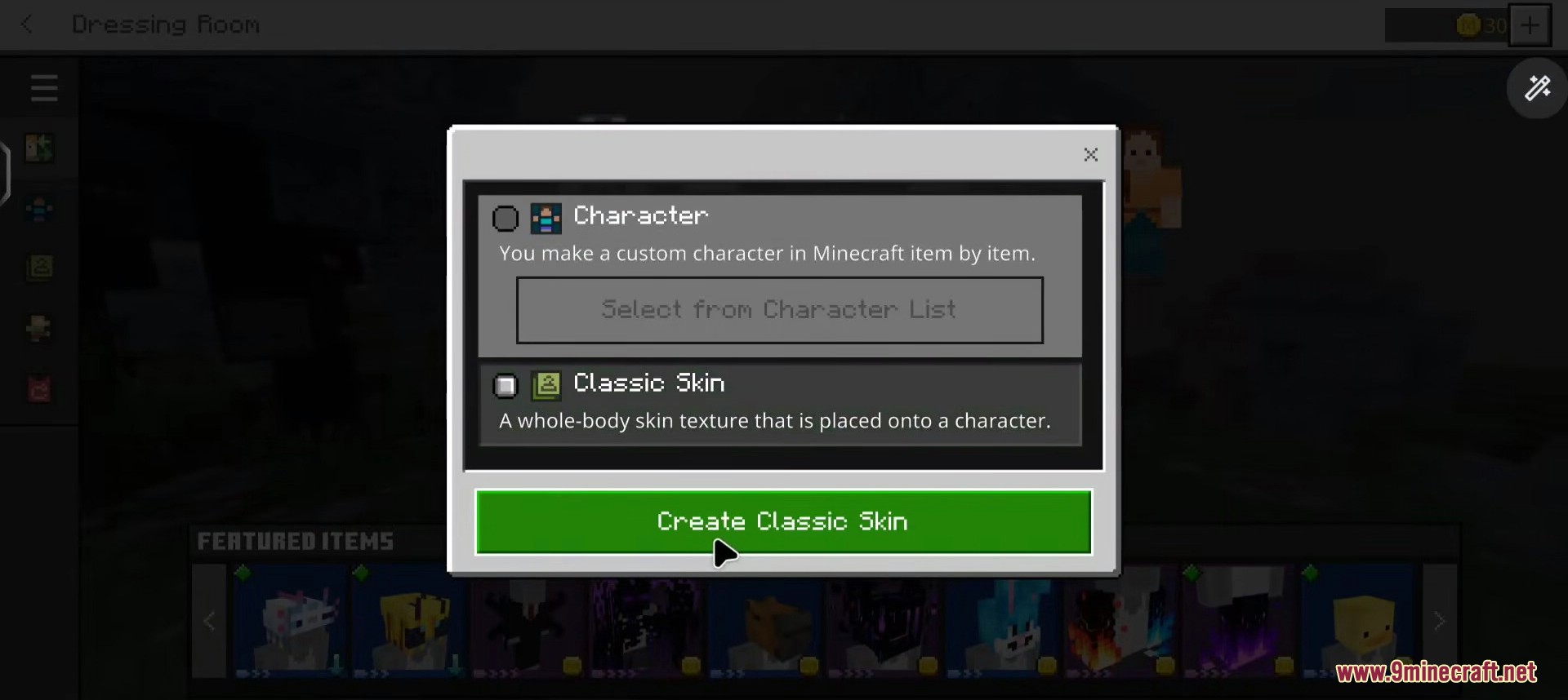 The player selects the Create Classic Skin option from the character creation menu