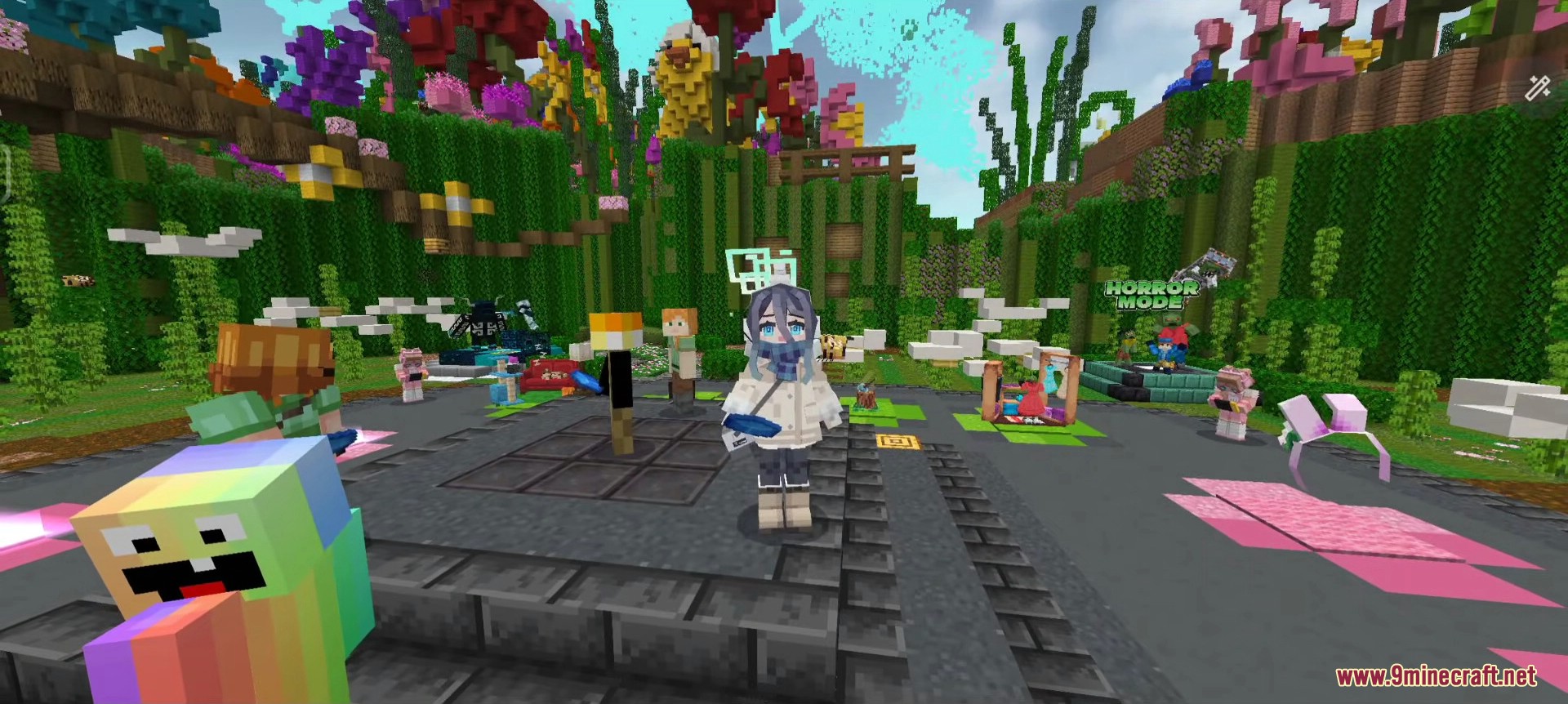 A custom geometry character stands in a colorful multiplayer server hub