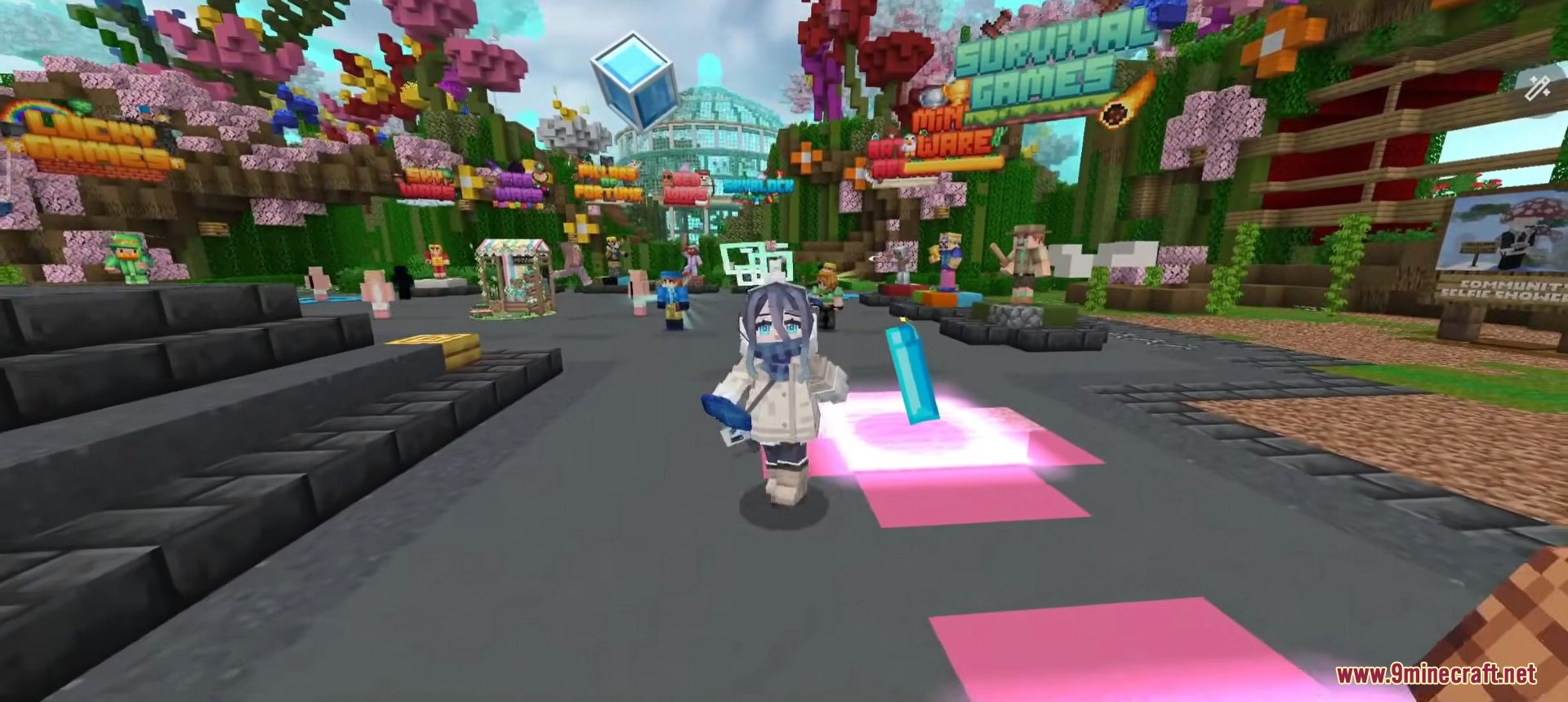 A player with a custom anime skin walks through a colorful server lobby