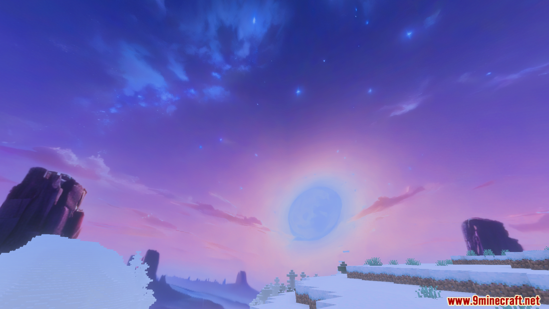 Custom Skies Cubemaps Addon Screenshot 10 Bright nebula galaxy sky over snowy terrain in Minecraft PE