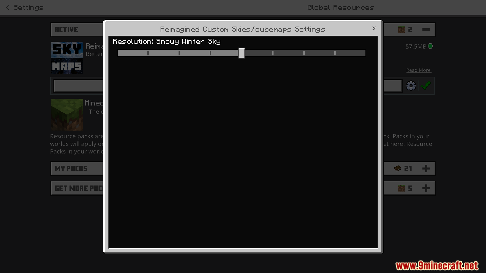 Custom Skies Cubemaps Addon Screenshot 2 Settings menu showing the resolution slider for snowy winter sky