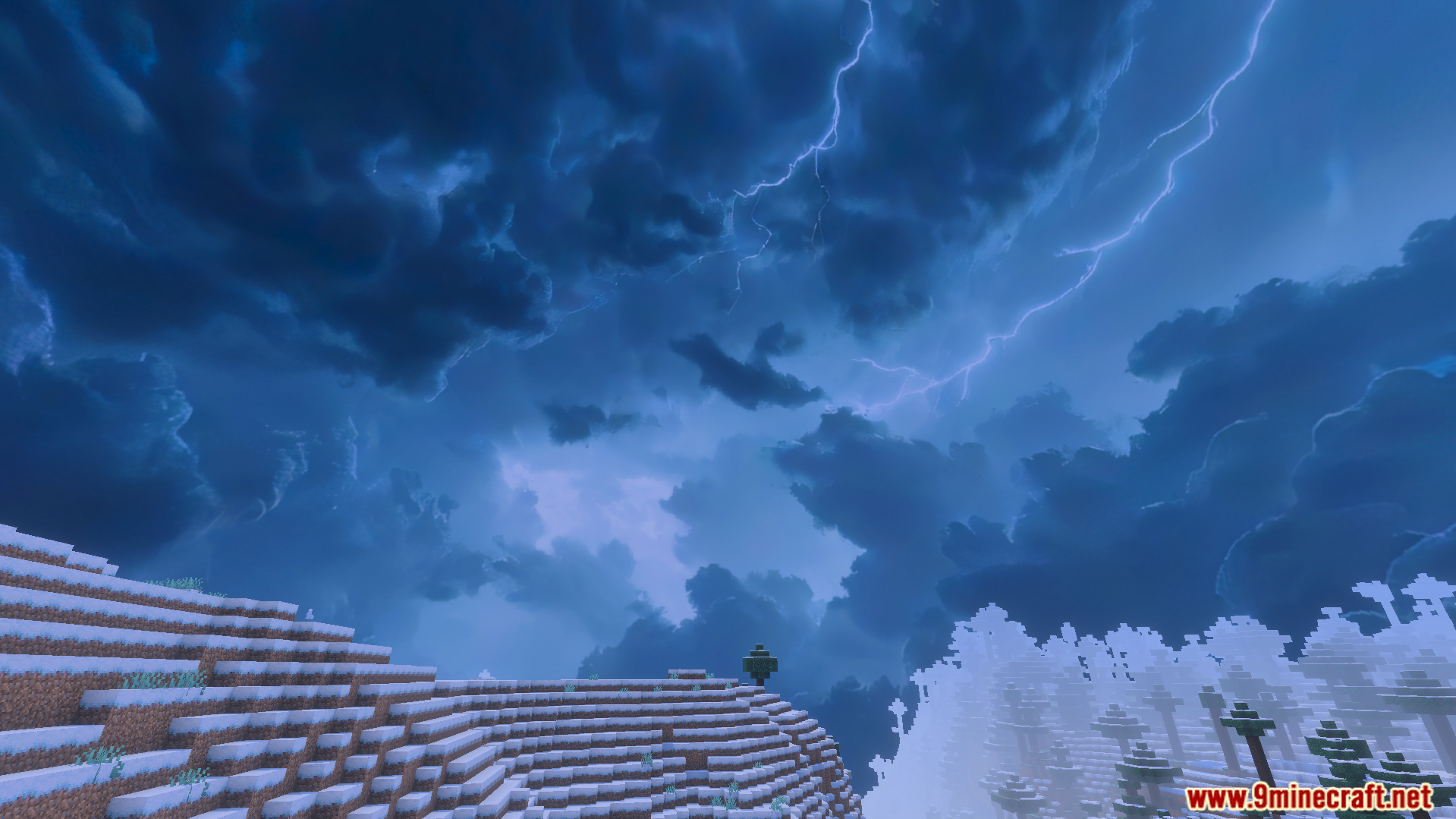 Custom Skies Cubemaps Addon Screenshot 4 Dark stormy sky with lightning over a snowy mountain and forest landscape