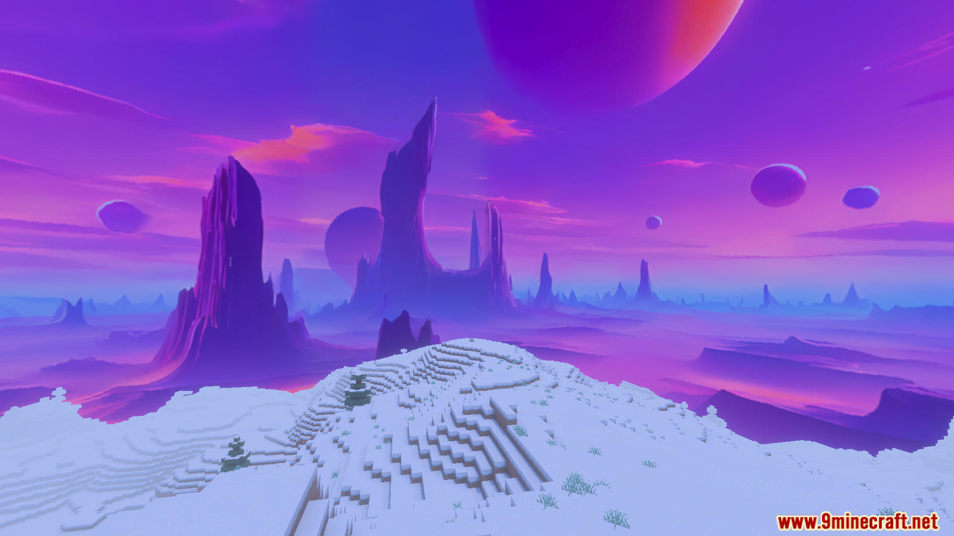 Custom Skies Cubemaps Addon Screenshot 7 Snowy landscape under a purple sky with planets and tall rock formations