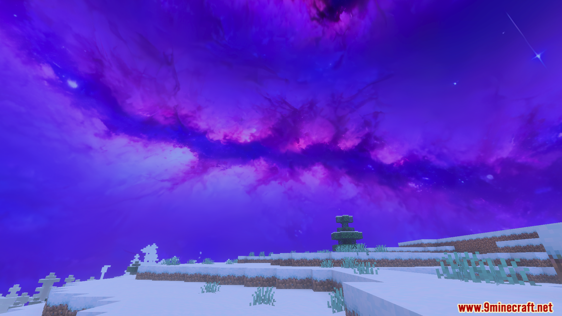 Custom Skies Cubemaps Addon Screenshot 8 Snowy terrain beneath a vibrant purple nebula galaxy sky design