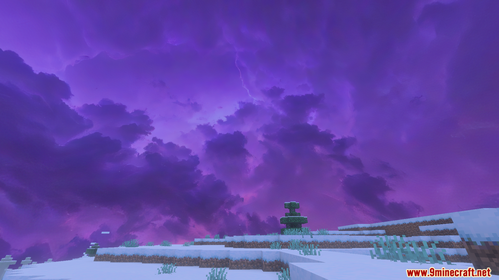 Custom Skies Cubemaps Addon Screenshot 9 Purple storm clouds over snowy landscape in Minecraft PE