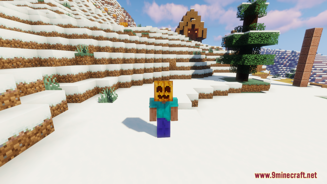 Minecraft player character wearing a cute smiling carved pumpkin on their head