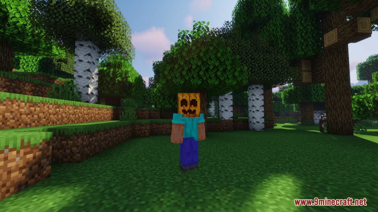 Player wearing a pumpkin with a cute smiling face in a forest