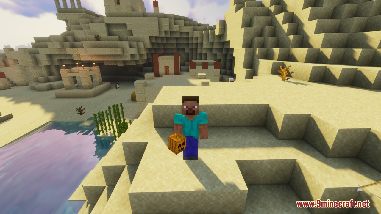 Steve holding a cute carved pumpkin item in a desert village