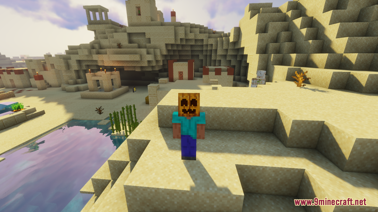 Player character wearing a cute smiling pumpkin helmet in a desert village