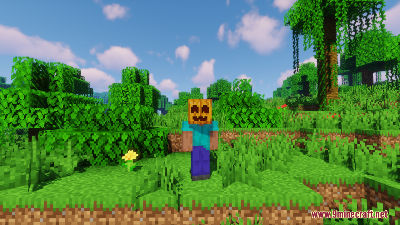 Player wearing a cute smiling pumpkin on their head in a grassy area
